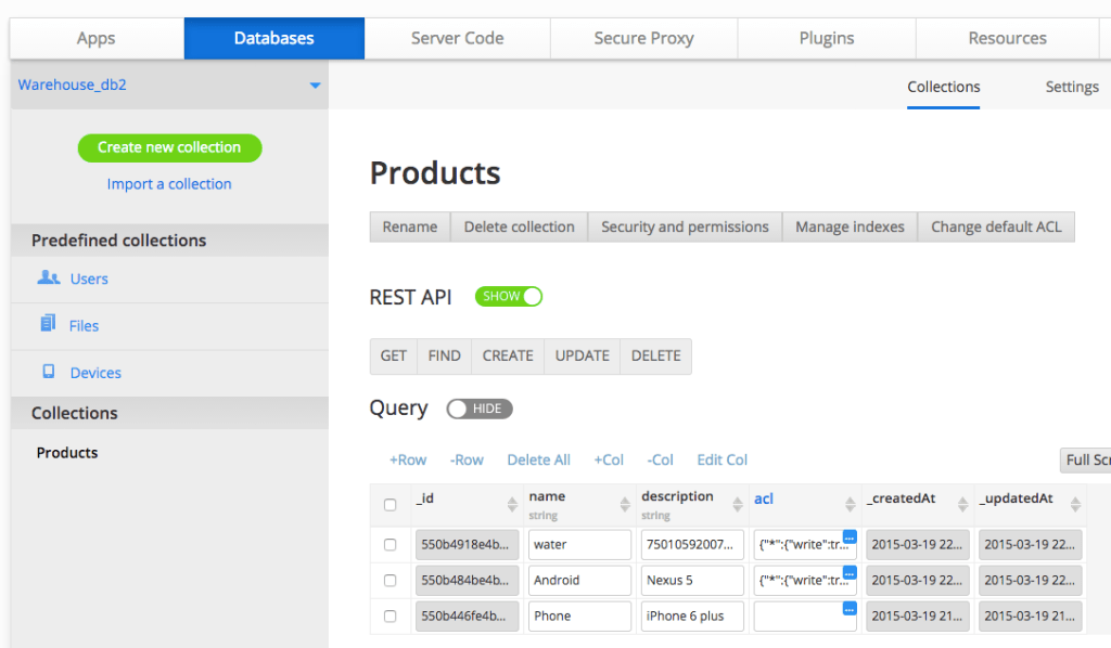 Appery.io Backend Services:  Database (development and runtime)