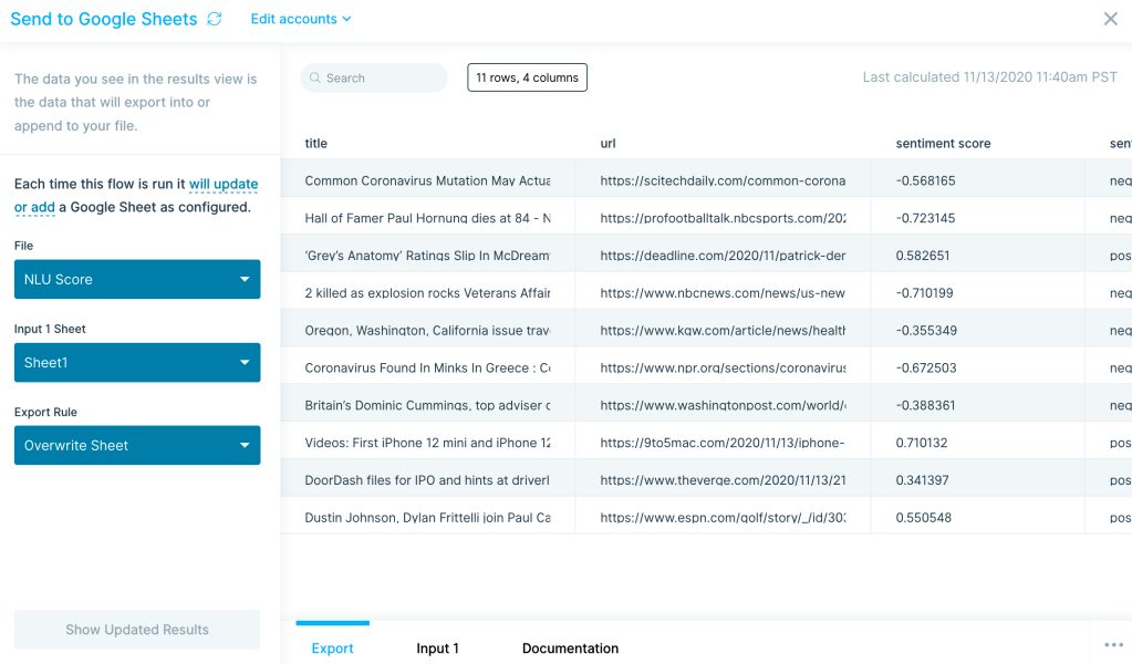 Send to Google Sheets step