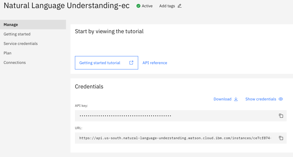 Watson NLU service credentials page