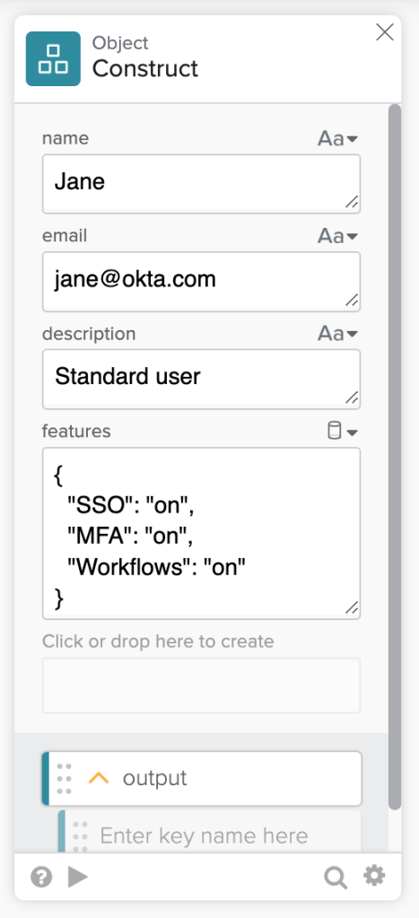 Using the Object - Construct card to create a JSON object