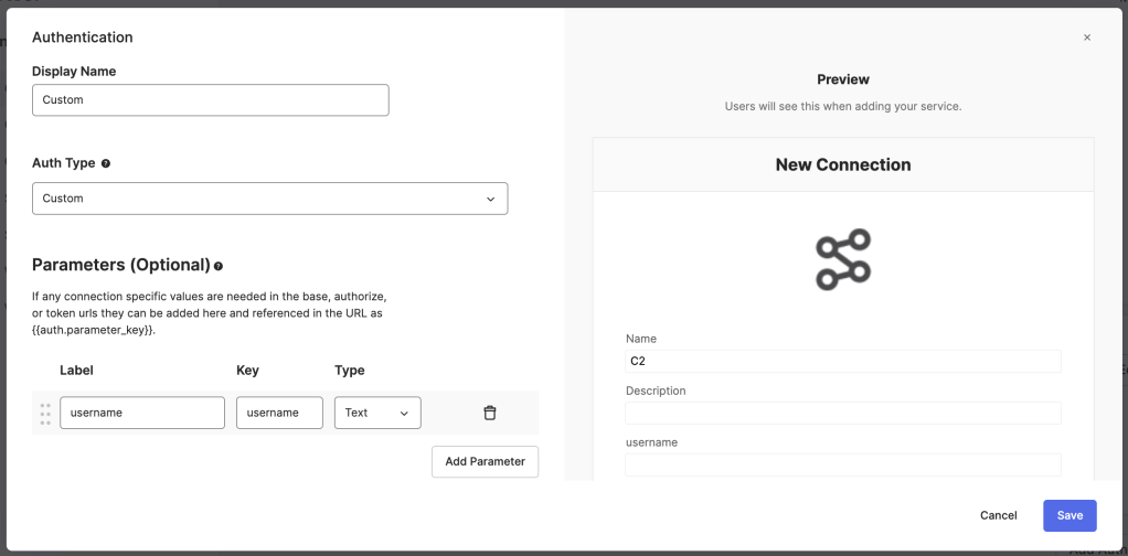 Connection configuration in Connector Builder.