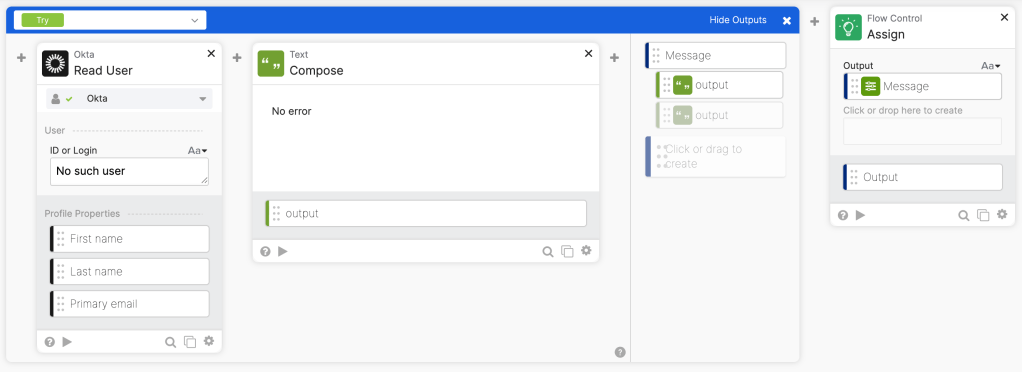 Using the If Error card, Try branch. Using the If Error card, Try branch.