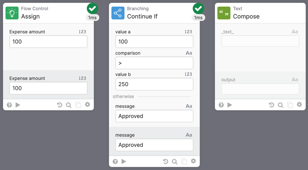 Running a flow with Continue If card. Running a flow with Continue If card.