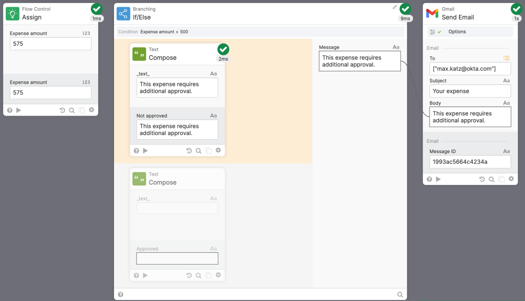 Running a flow with the If/Else card. Running a flow with the If/Else card.