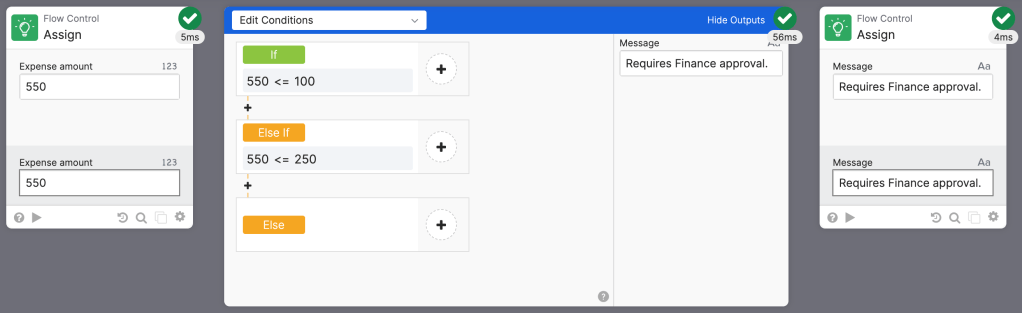 Flow execution with the third branch evaluating to true. Flow execution with the third branch evaluating to true.