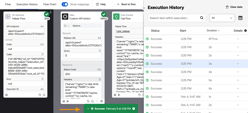 Screenshot showing API execution history details, including successful calls with timestamps and durations.