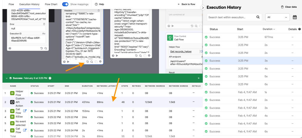 Screenshot of a workflow execution history with details on various actions, statuses, durations, and network latencies, showing successes and data transmission rates.