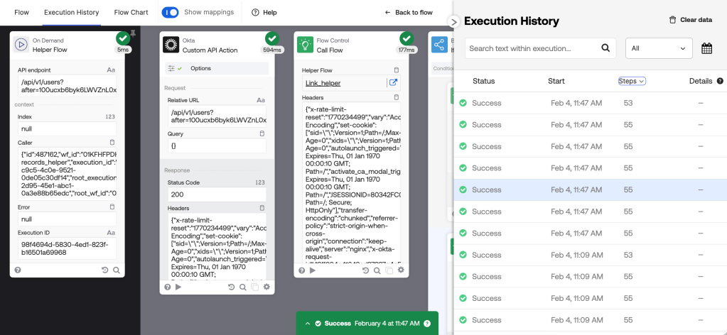 Screenshot of an execution history interface displaying the success status of various API calls and their corresponding timestamps.